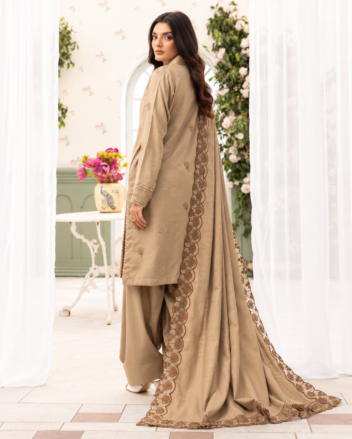 Shaista Festive Sami Peach Embroidered 3 Piece Suit with Full Embroidered Dupatta