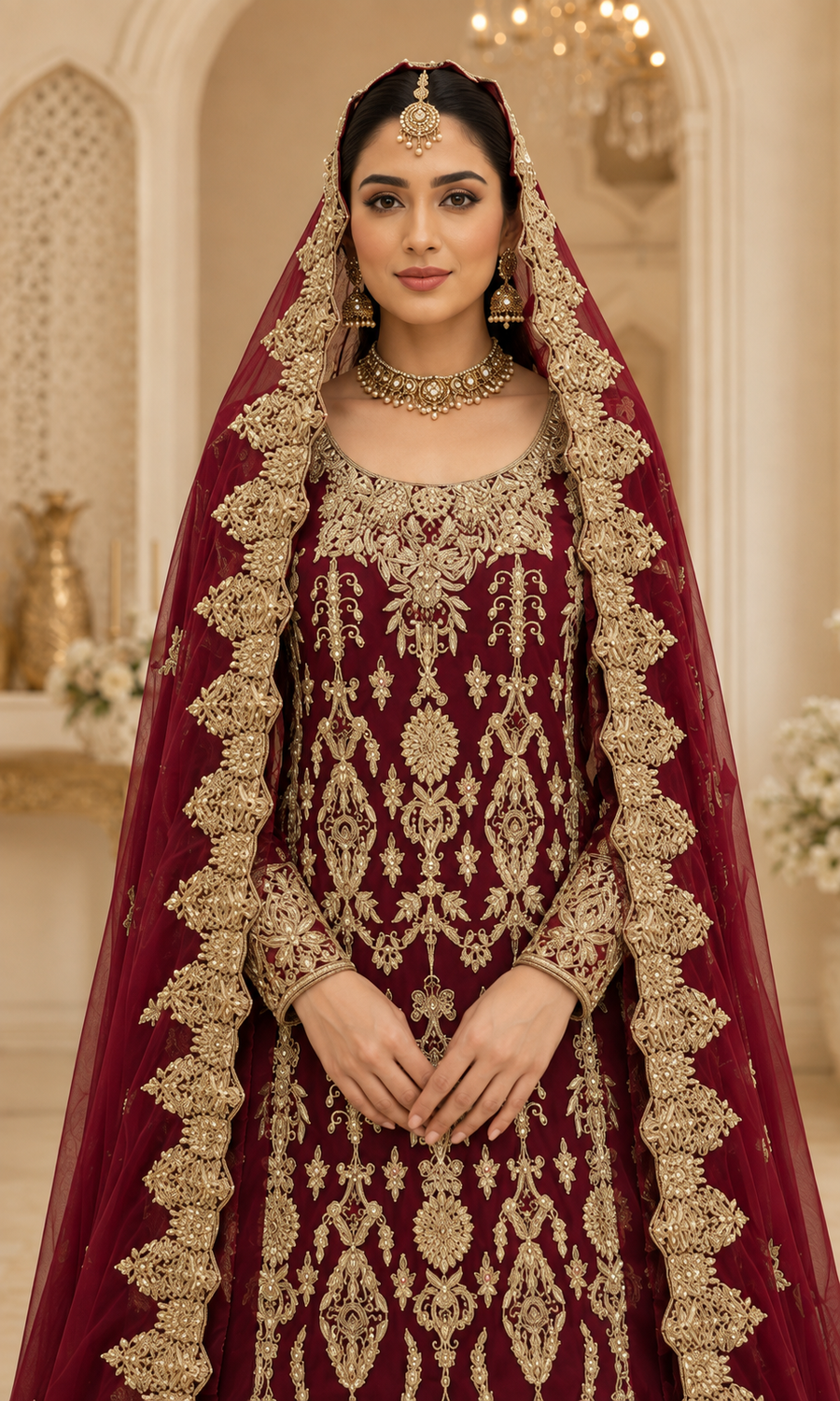 Classic Maroon Silk Bridal Farshi Lehenga with Floral Kora Dabka Work