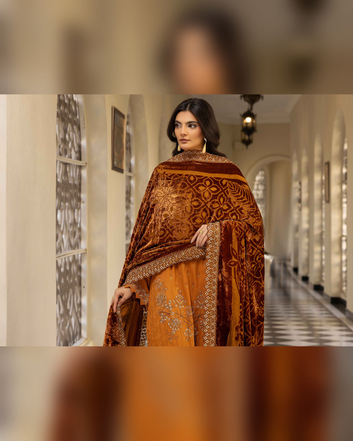 Shaista Gold Full Embroidered Peach 3 Piece Suit with Palachi Dupatta