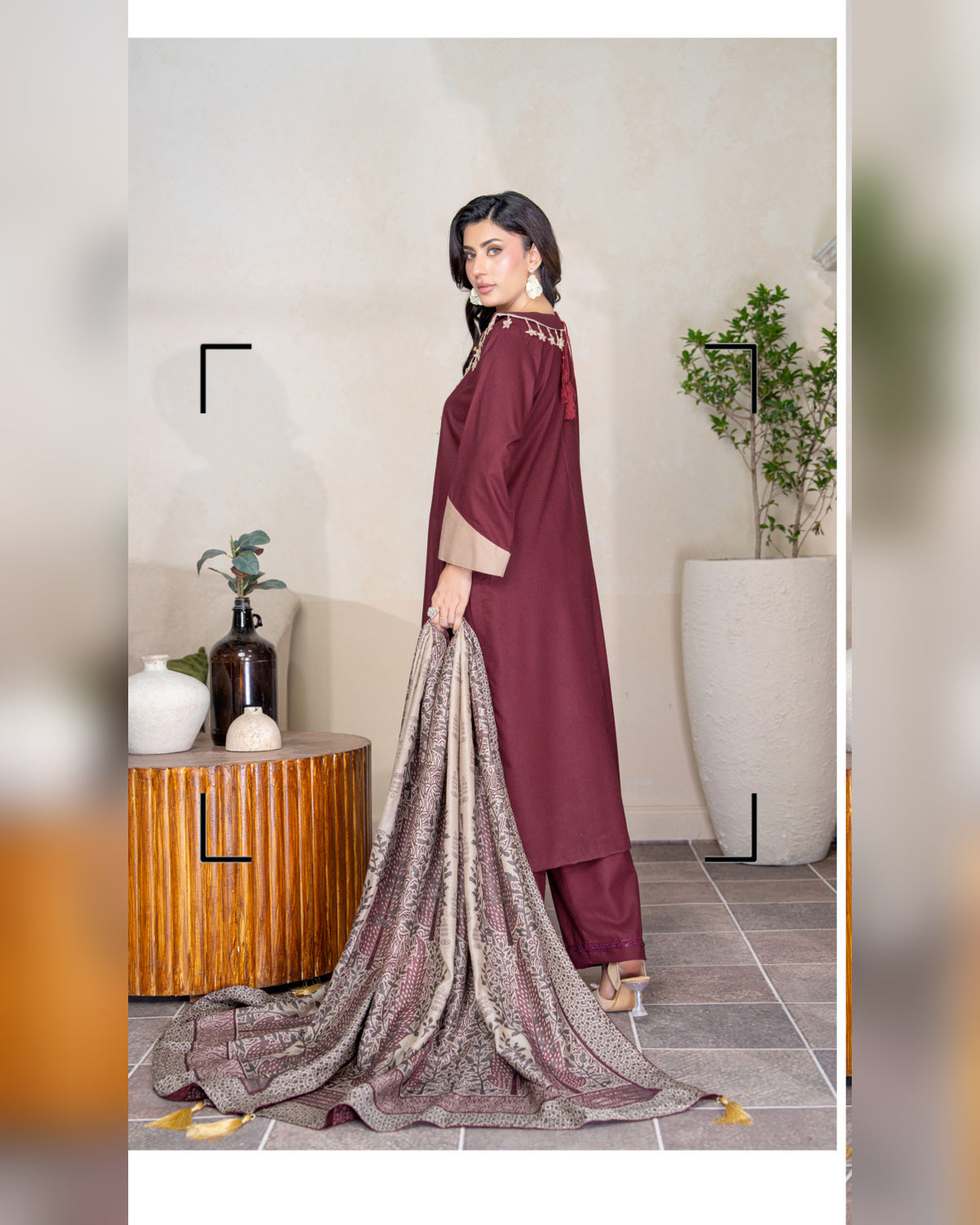 Chinar by Riaz Arts – Luxury Wool Touch Peach 3 Piece Winter Suit with Pashmina Jacquard Shawl