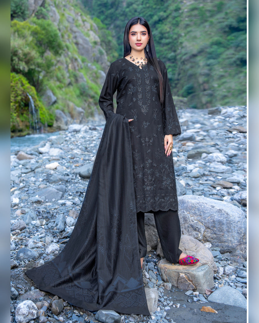 Riaz Arts Zarar Luxury Winter Embroidered Wool Touch Peach Suit with Banarsi Jacquard Shawl