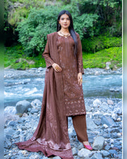 Riaz Arts Zarar Luxury Winter Embroidered Wool Touch Peach Suit with Banarsi Jacquard Shawl
