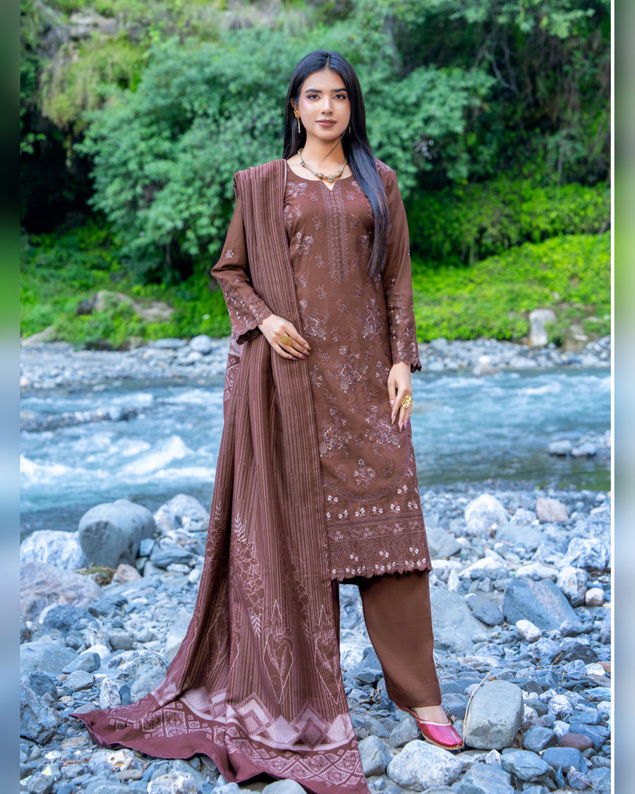 Riaz Arts Zarar Luxury Winter Embroidered Wool Touch Peach Suit with Banarsi Jacquard Shawl