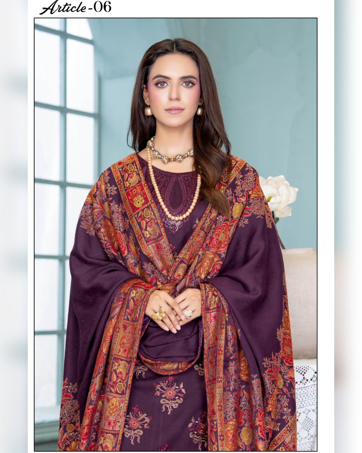 Mahgul Vol. 2 by Riaz Arts – Luxury Embroidered Tensil Peach Leather 3 Piece Winter Suit with Kani Wool Shawl