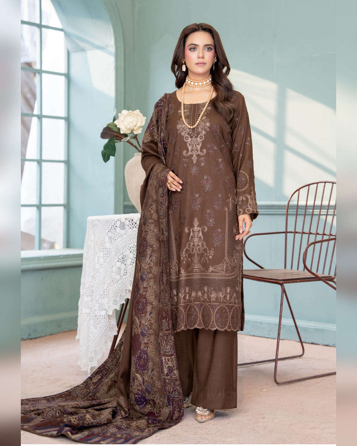 Mahgul Vol. 2 by Riaz Arts – Luxury Embroidered Tensil Peach Leather 3 Piece Winter Suit with Kani Wool Shawl