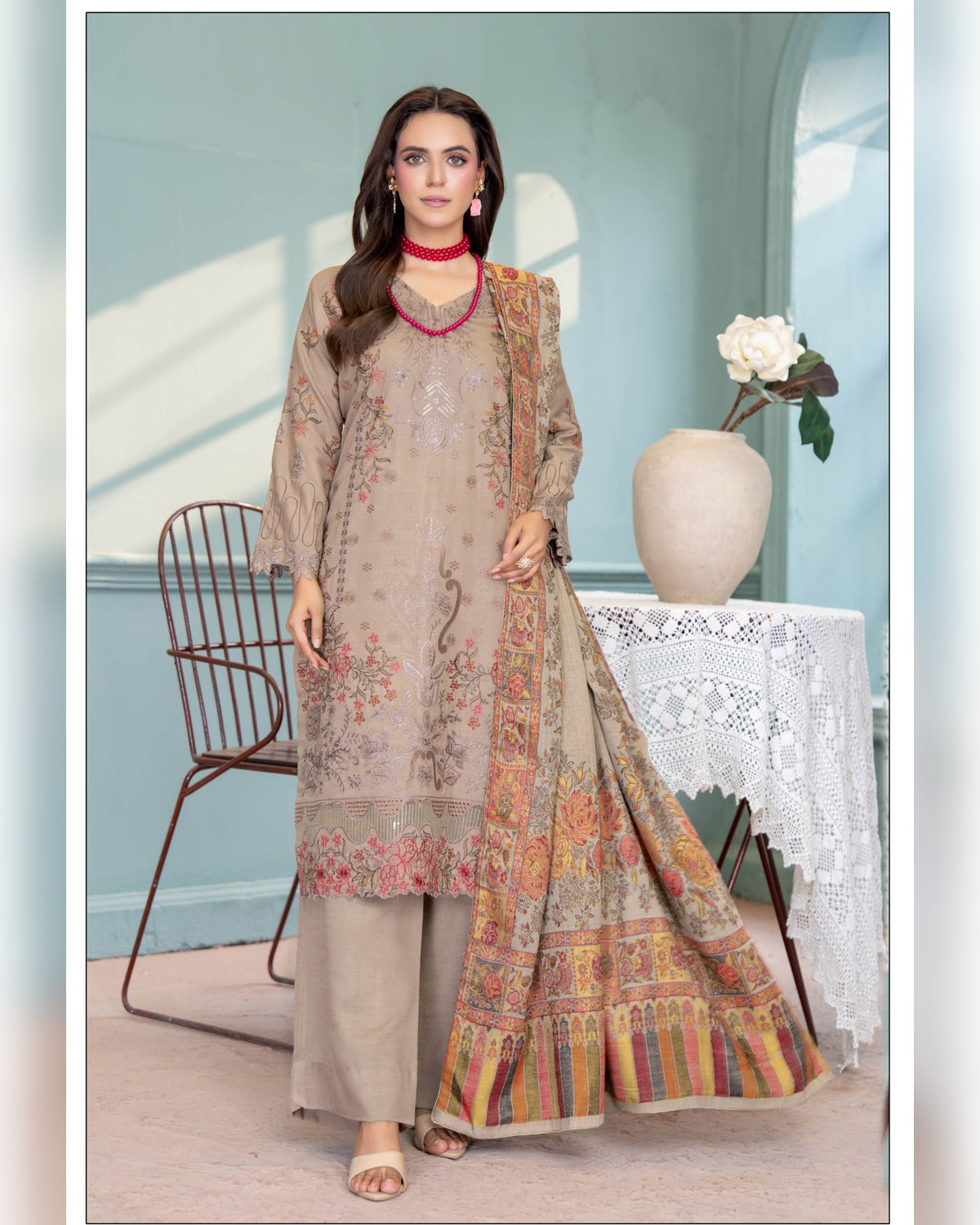 Mahgul Vol. 2 by Riaz Arts – Luxury Embroidered Tensil Peach Leather 3 Piece Winter Suit with Kani Wool Shawl