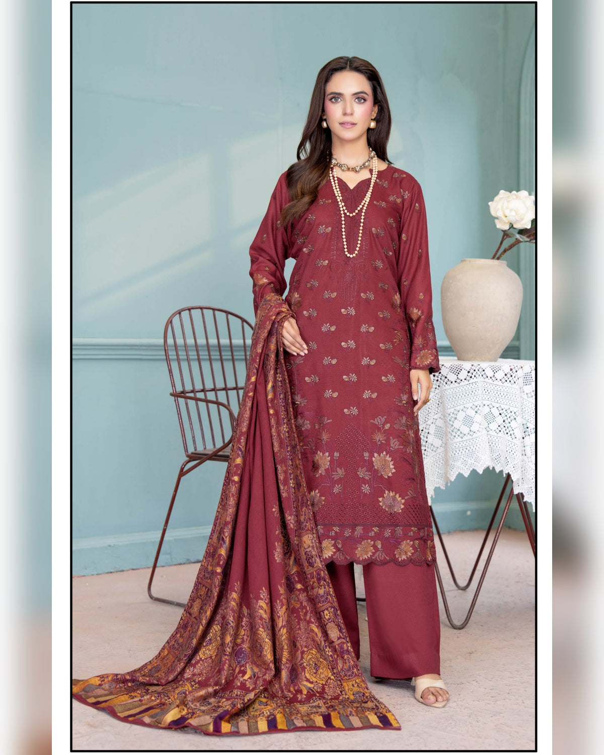 Mahgul Vol. 2 by Riaz Arts – Luxury Embroidered Tensil Peach Leather 3 Piece Winter Suit with Kani Wool Shawl