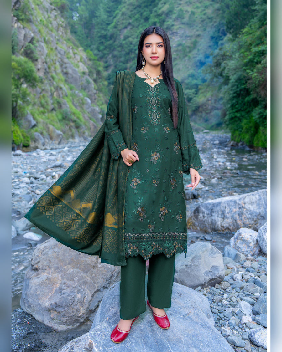 Riaz Arts Zarar Luxury Winter Embroidered Wool Touch Peach Suit with Banarsi Jacquard Shawl