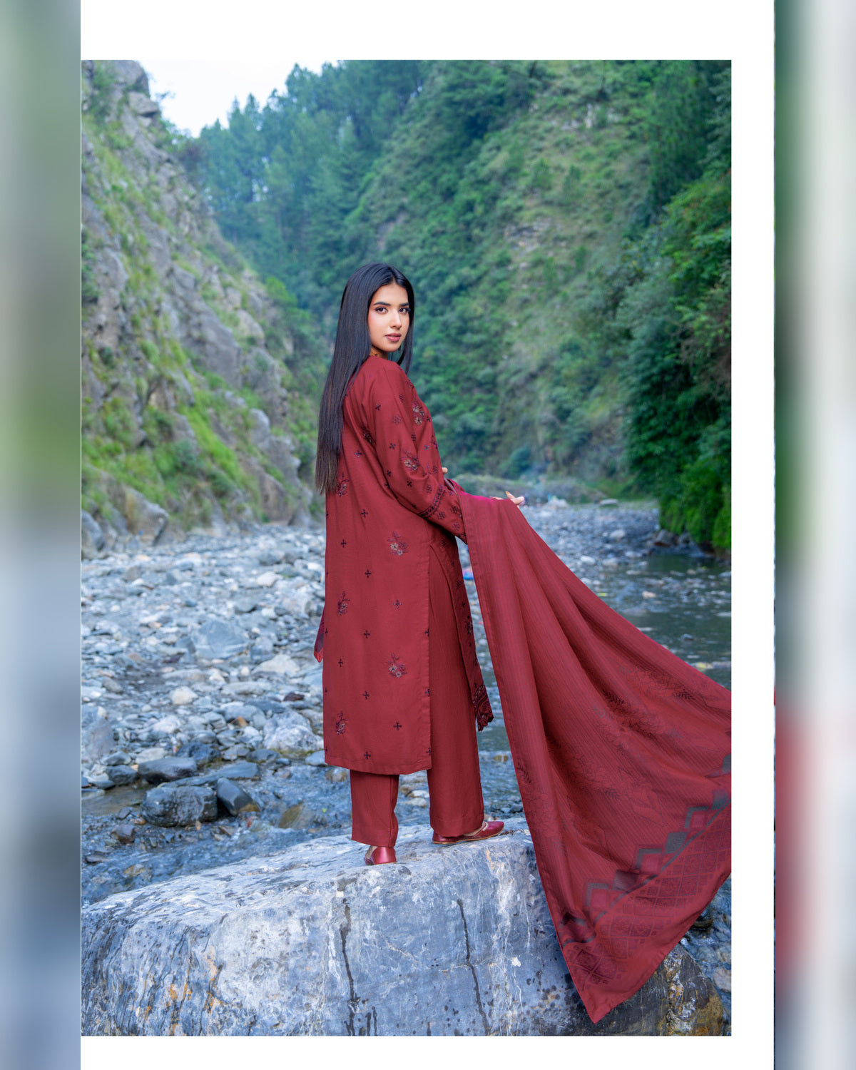 Riaz Arts Zarar Luxury Winter Embroidered Wool Touch Peach Suit with Banarsi Jacquard Shawl