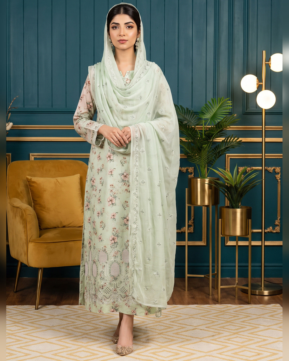Manizay Dream Slub Bambo Embroidered 3 Piece Suit with Chiffon Dupatta