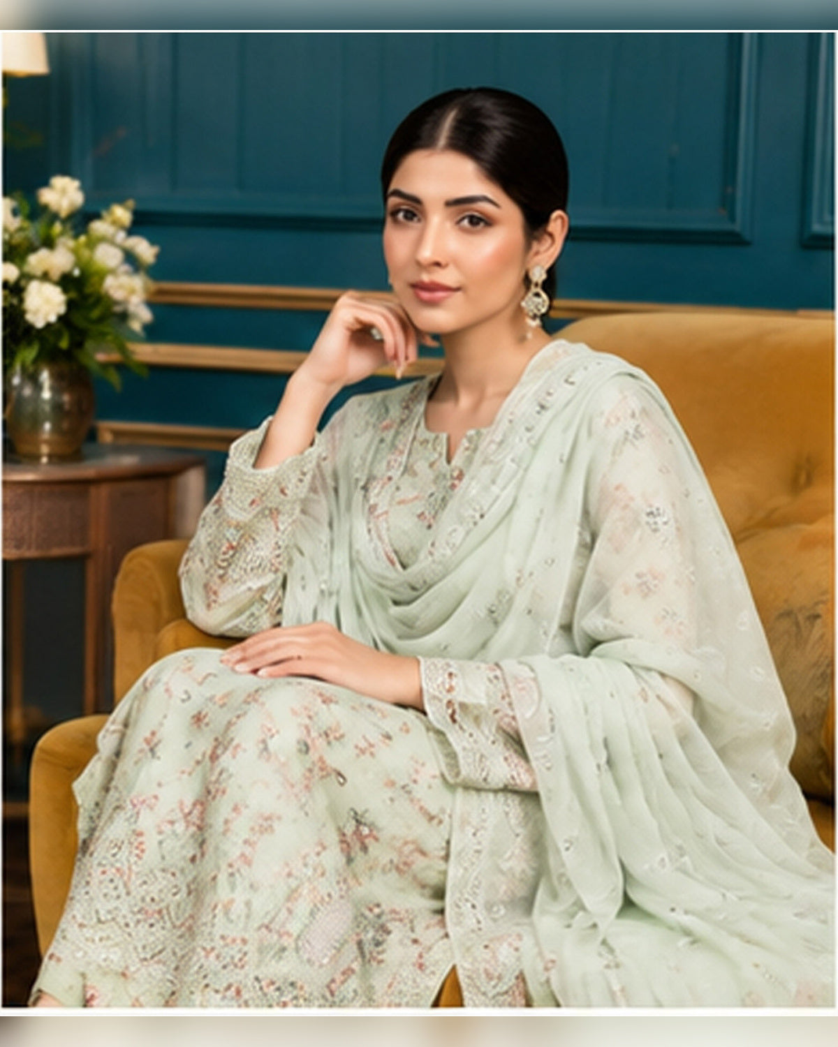 Manizay Dream Slub Bambo Embroidered 3 Piece Suit with Chiffon Dupatta