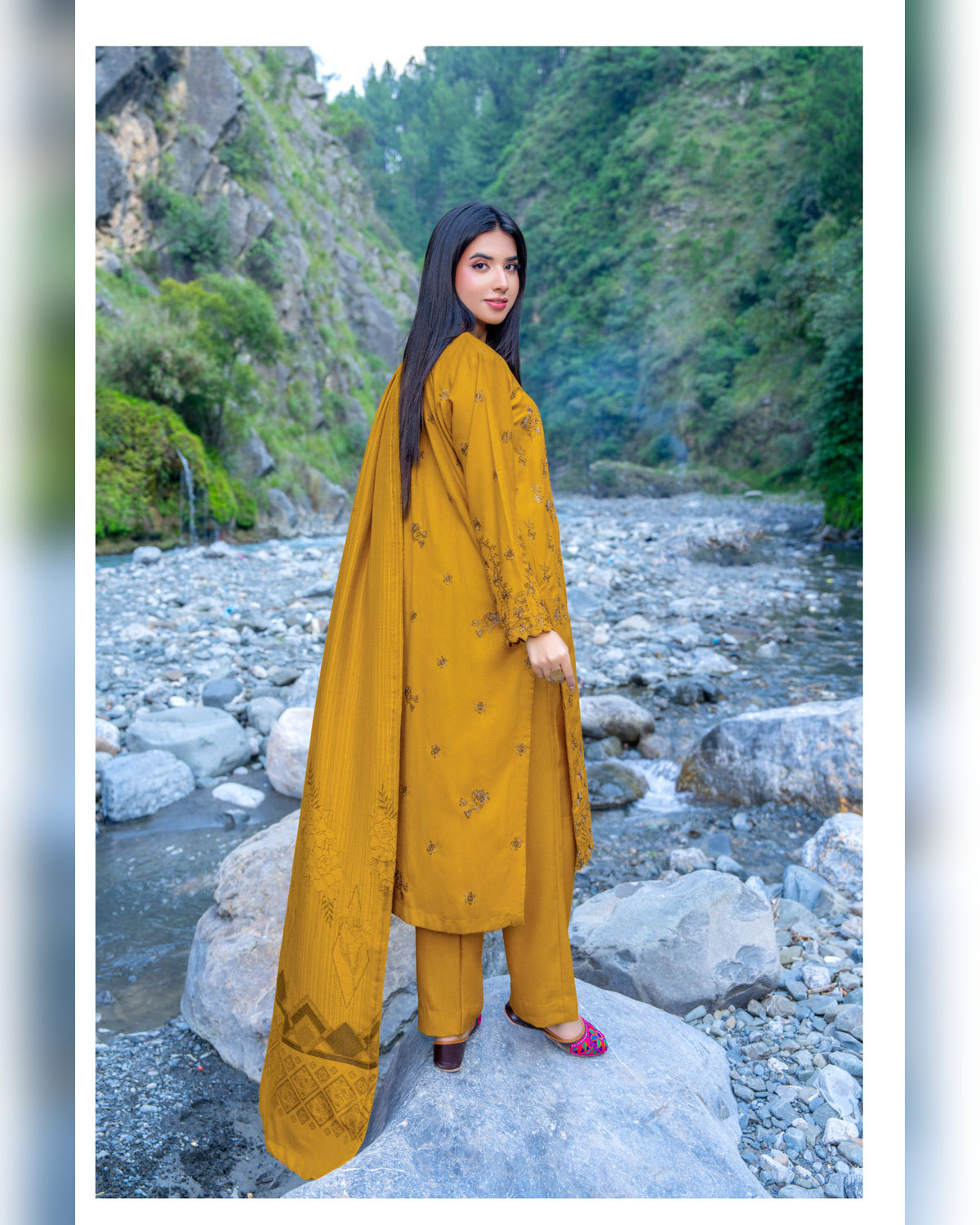 Riaz Arts Zarar Luxury Winter Embroidered Wool Touch Peach Suit with Banarsi Jacquard Shawl