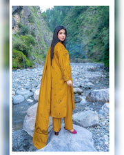 Riaz Arts Zarar Luxury Winter Embroidered Wool Touch Peach Suit with Banarsi Jacquard Shawl