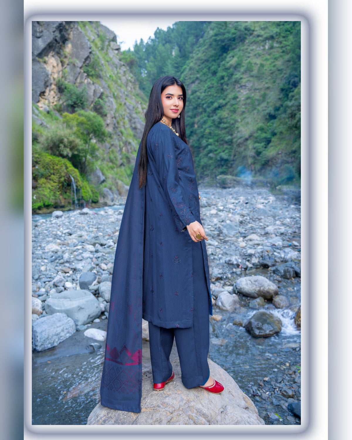 Riaz Arts Zarar Luxury Winter Embroidered Wool Touch Peach Suit with Banarsi Jacquard Shawl