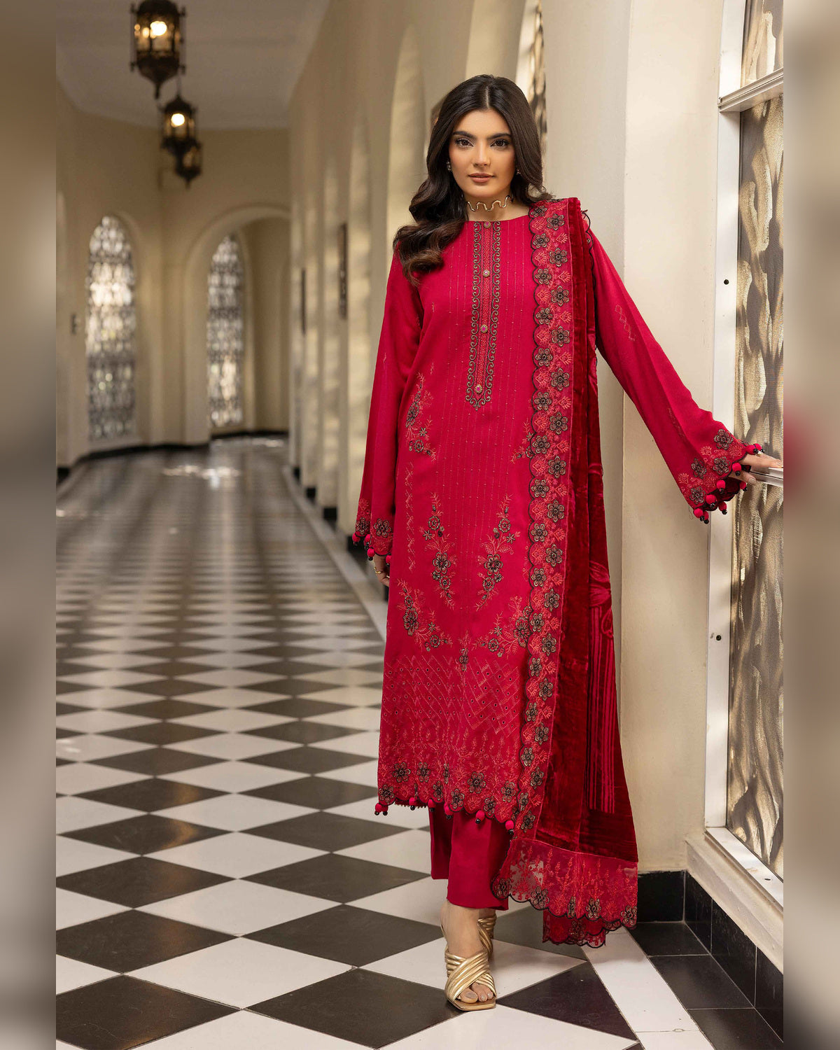Shaista Gold Full Embroidered Peach 3 Piece Suit with Palachi Dupatta