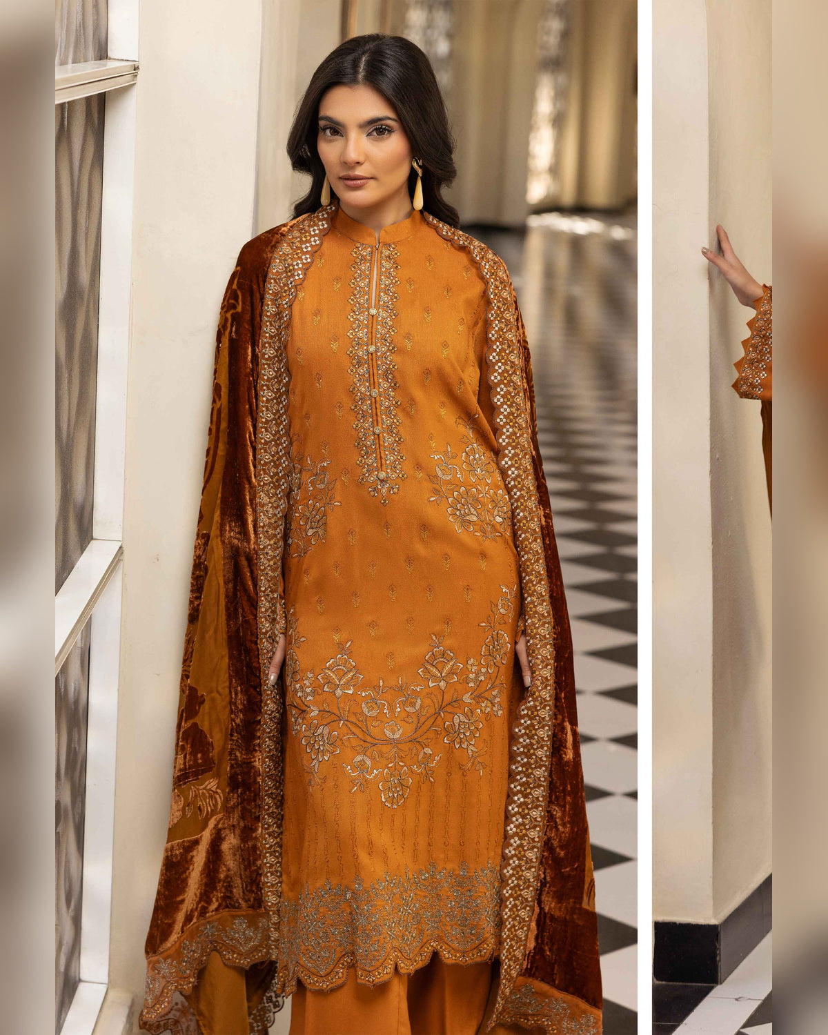Shaista Gold Full Embroidered Peach 3 Piece Suit with Palachi Dupatta