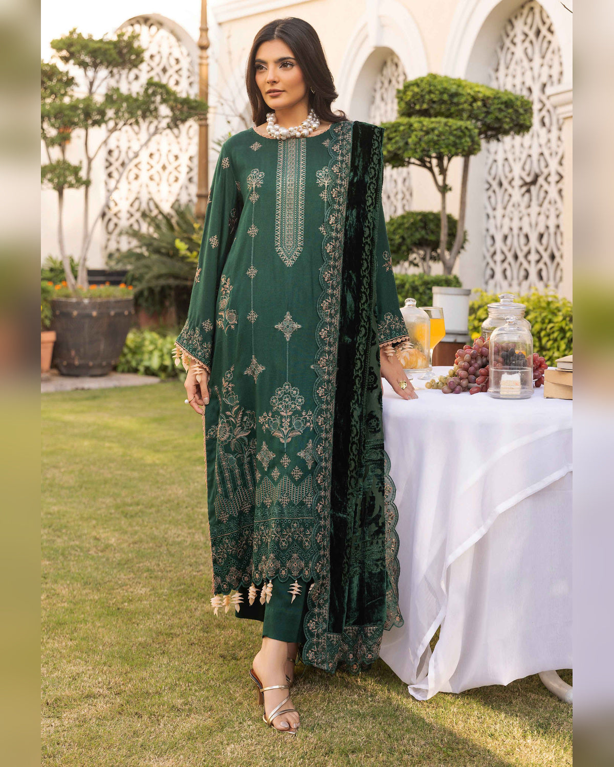 Shaista Gold Full Embroidered Peach 3 Piece Suit with Palachi Dupatta