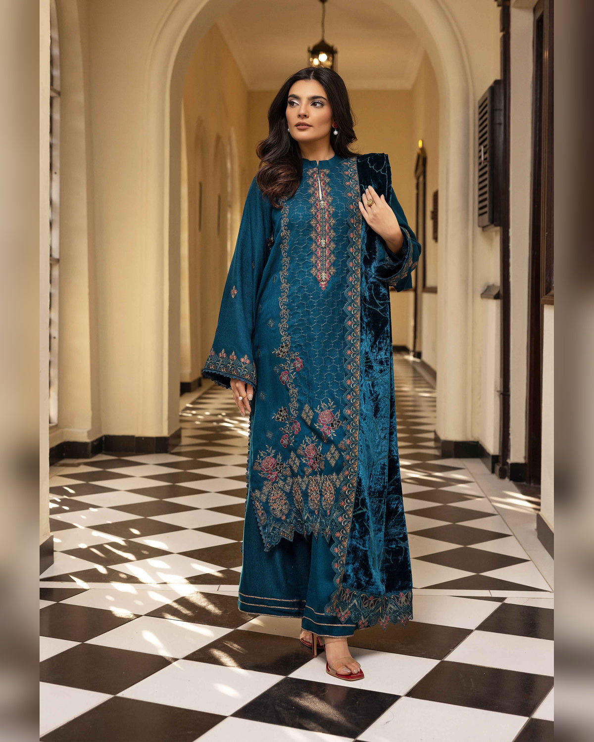 Shaista Gold Full Embroidered Peach 3 Piece Suit with Palachi Dupatta