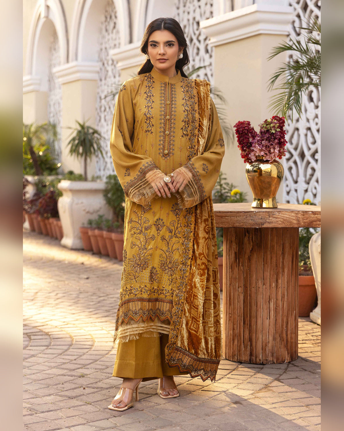 Shaista Gold Full Embroidered Peach 3 Piece Suit with Palachi Dupatta