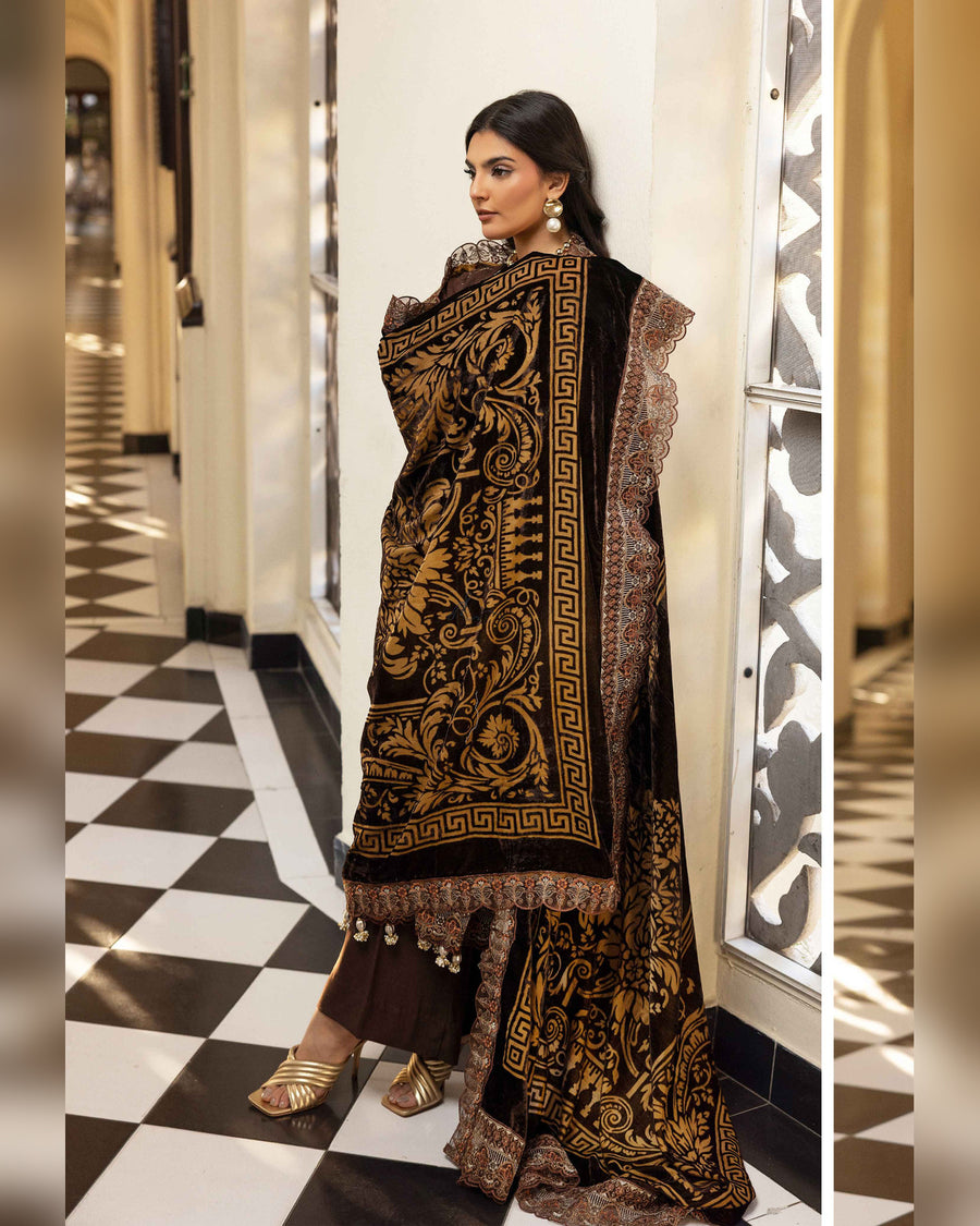 Shaista Gold Full Embroidered Peach 3 Piece Suit with Palachi Dupatta