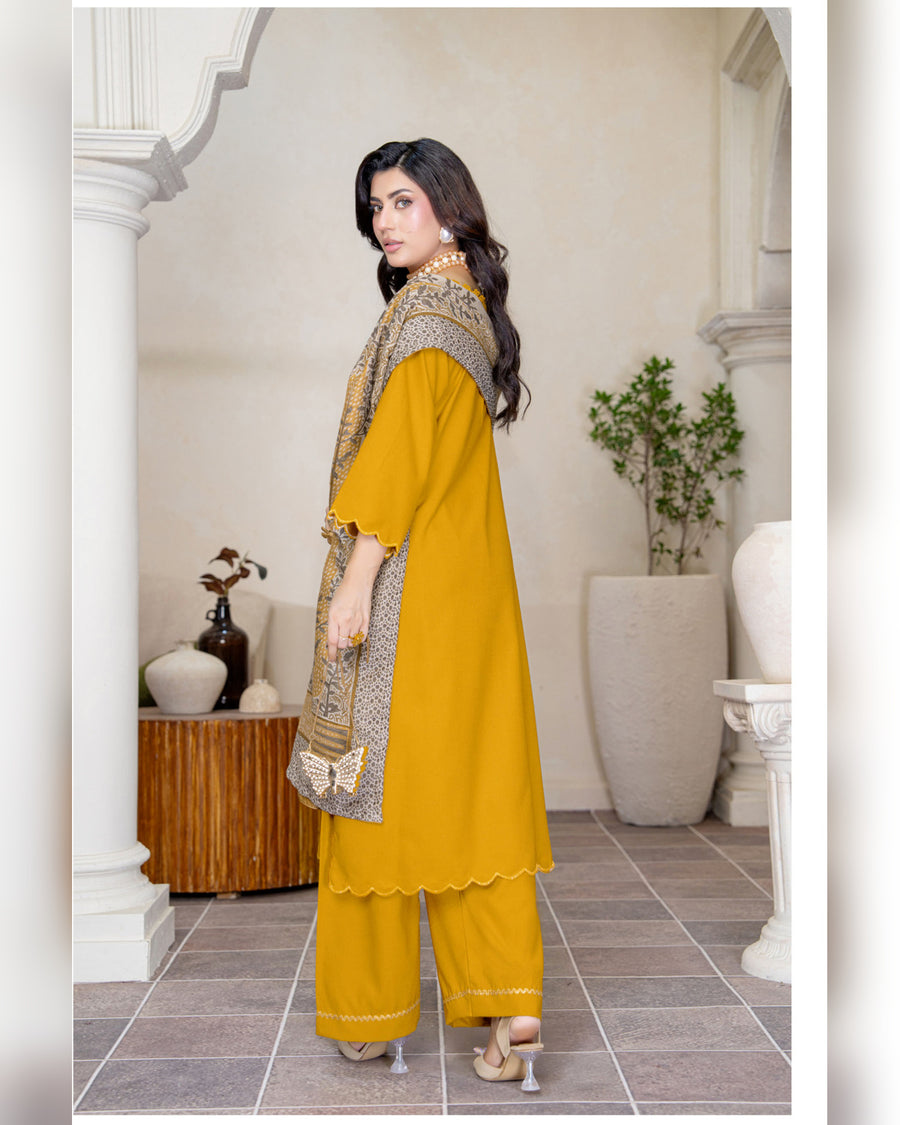 Chinar by Riaz Arts – Luxury Wool Touch Peach 3 Piece Winter Suit with Pashmina Jacquard Shawl