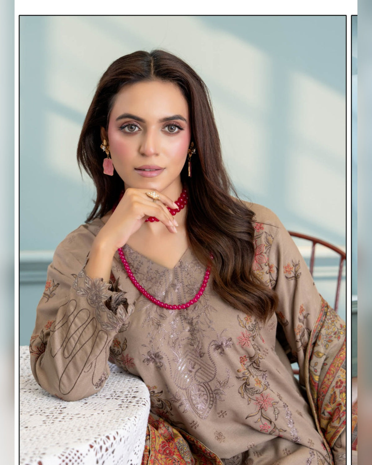 Mahgul Vol. 2 by Riaz Arts – Luxury Embroidered Tensil Peach Leather 3 Piece Winter Suit with Kani Wool Shawl