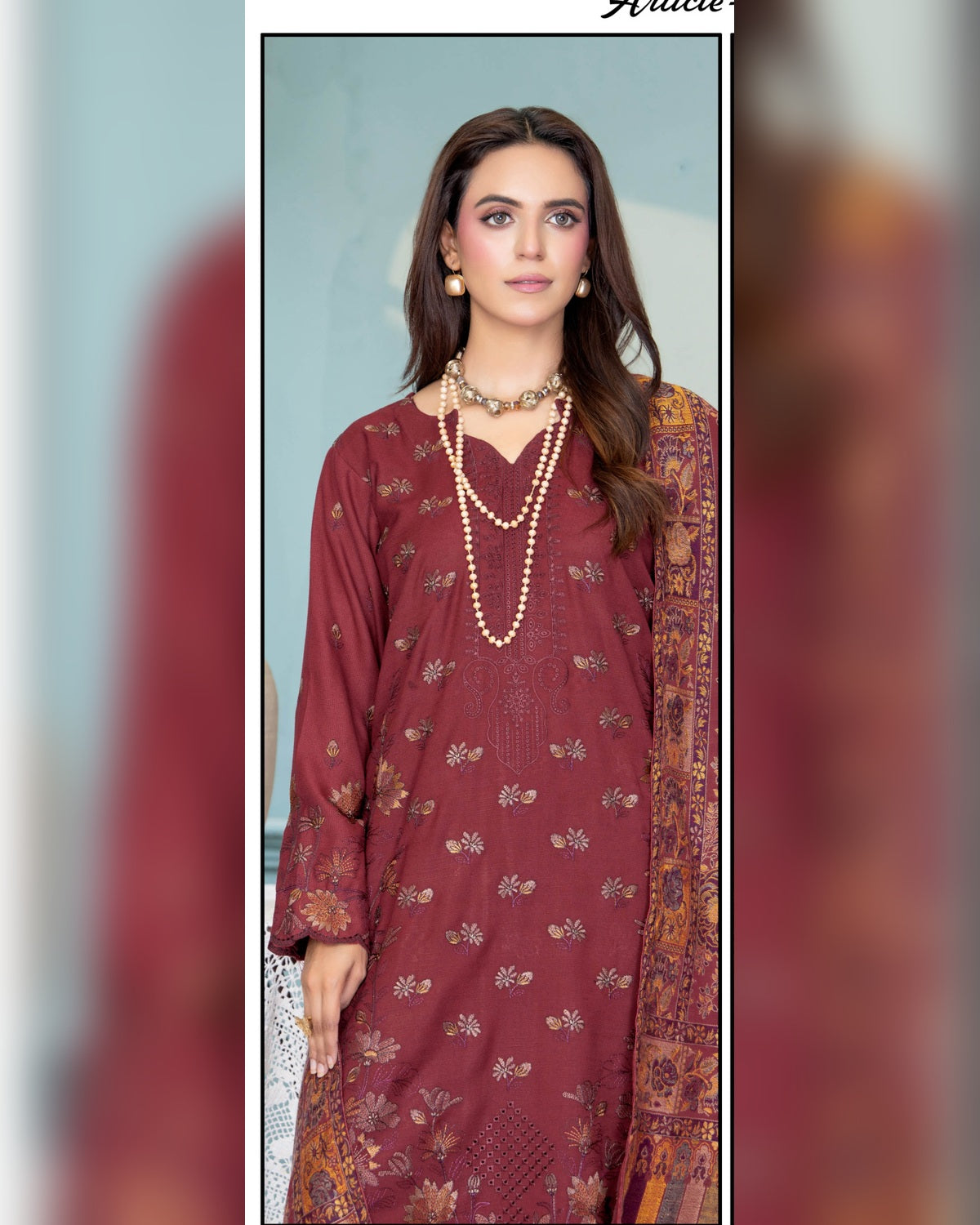Mahgul Vol. 2 by Riaz Arts – Luxury Embroidered Tensil Peach Leather 3 Piece Winter Suit with Kani Wool Shawl