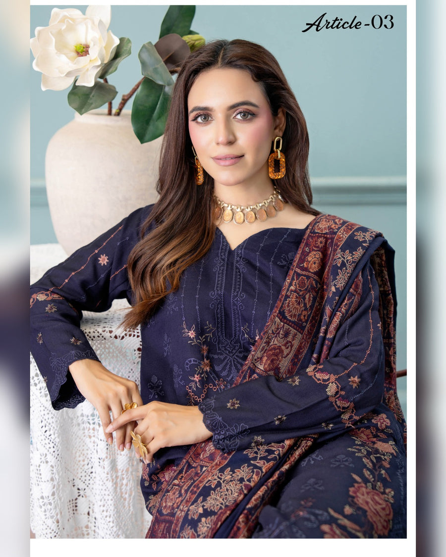 Mahgul Vol. 2 by Riaz Arts – Luxury Embroidered Tensil Peach Leather 3 Piece Winter Suit with Kani Wool Shawl