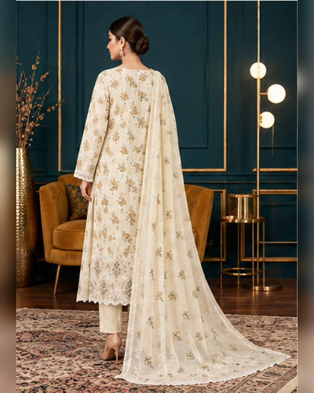 Manizay Dream Slub Bambo Embroidered 3 Piece Suit with Chiffon Dupatta