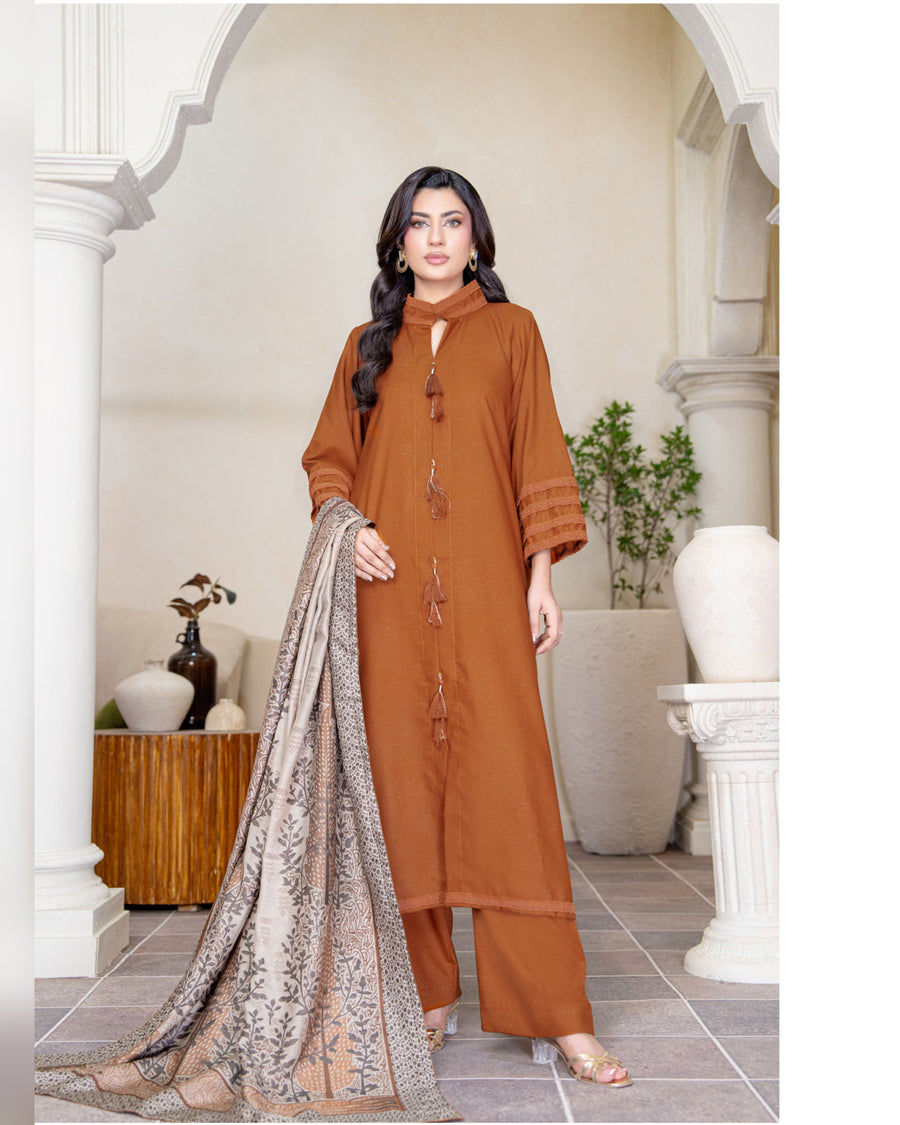 Chinar by Riaz Arts – Luxury Wool Touch Peach 3 Piece Winter Suit with Pashmina Jacquard Shawl