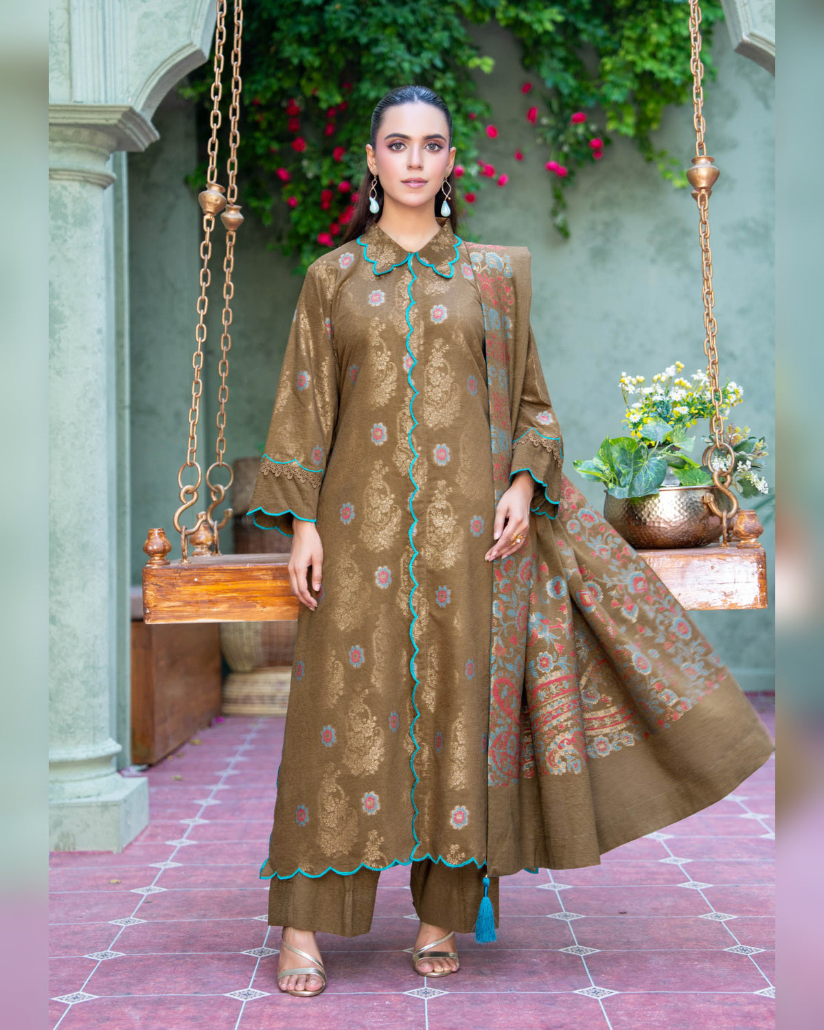 Riaz Arts Kani Micro Velvet Jacquard 3 Piece Suit with Jacquard Shawl