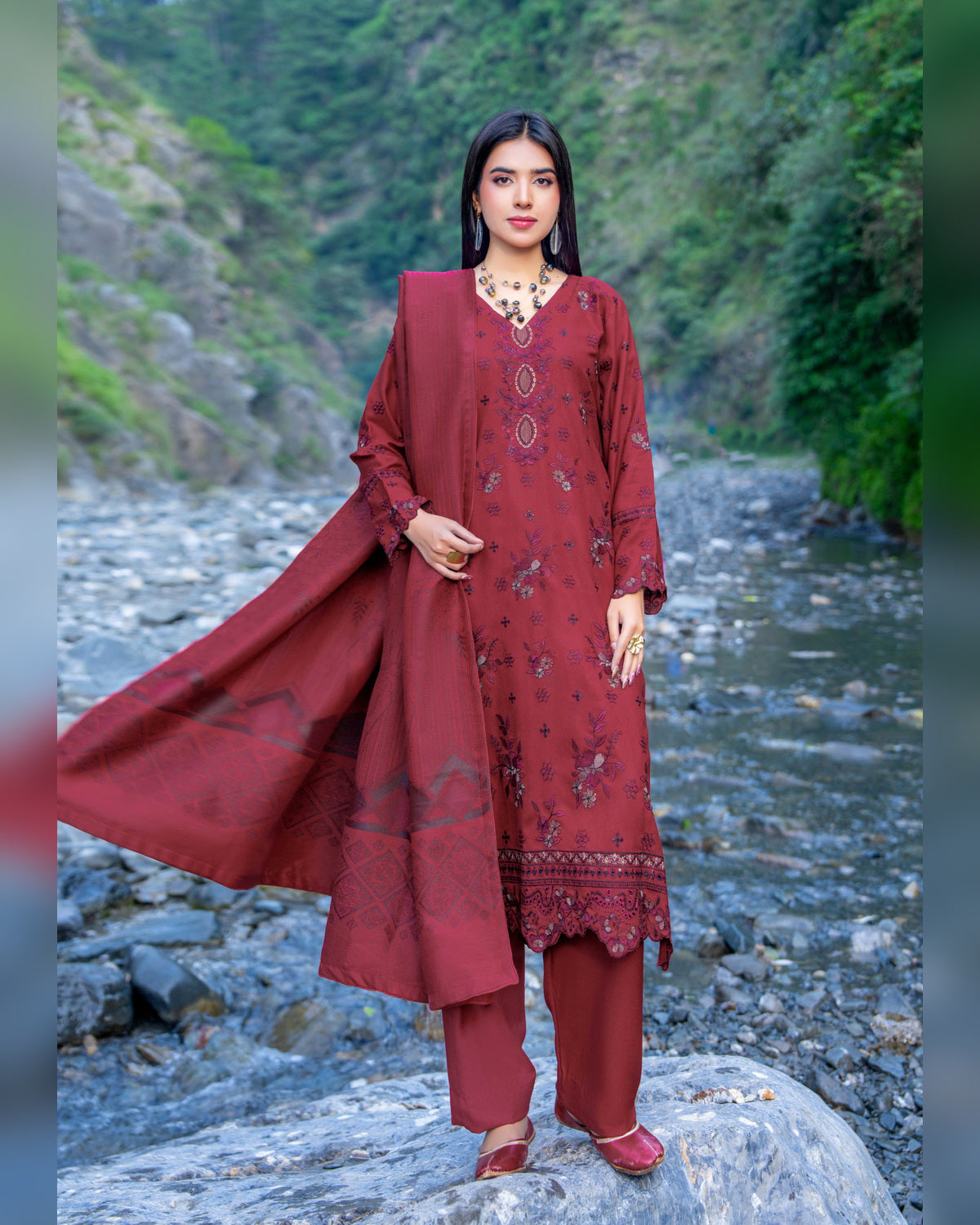Riaz Arts Zarar Luxury Winter Embroidered Wool Touch Peach Suit with Banarsi Jacquard Shawl