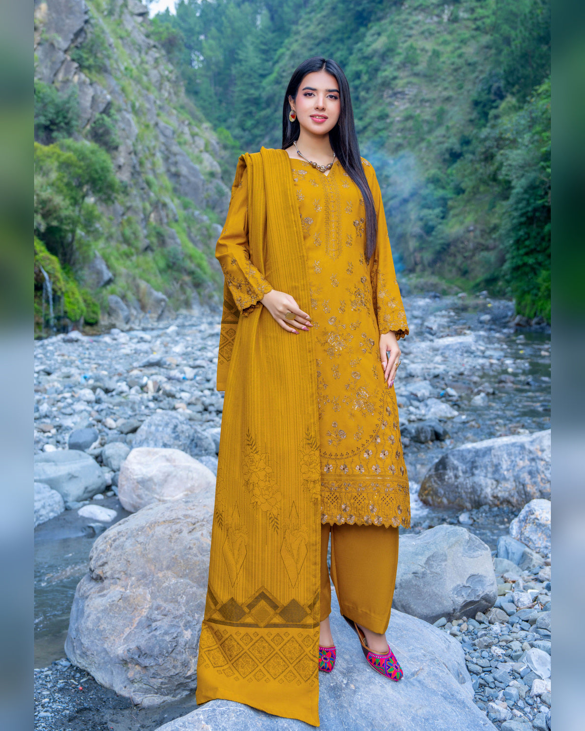 Riaz Arts Zarar Luxury Winter Embroidered Wool Touch Peach Suit with Banarsi Jacquard Shawl