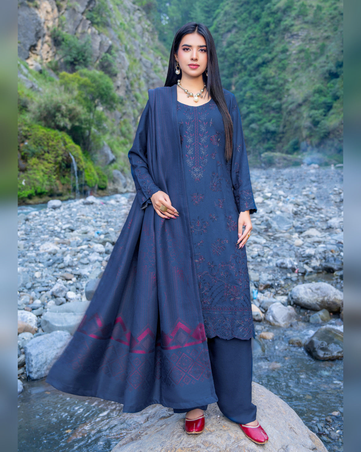 Riaz Arts Zarar Luxury Winter Embroidered Wool Touch Peach Suit with Banarsi Jacquard Shawl