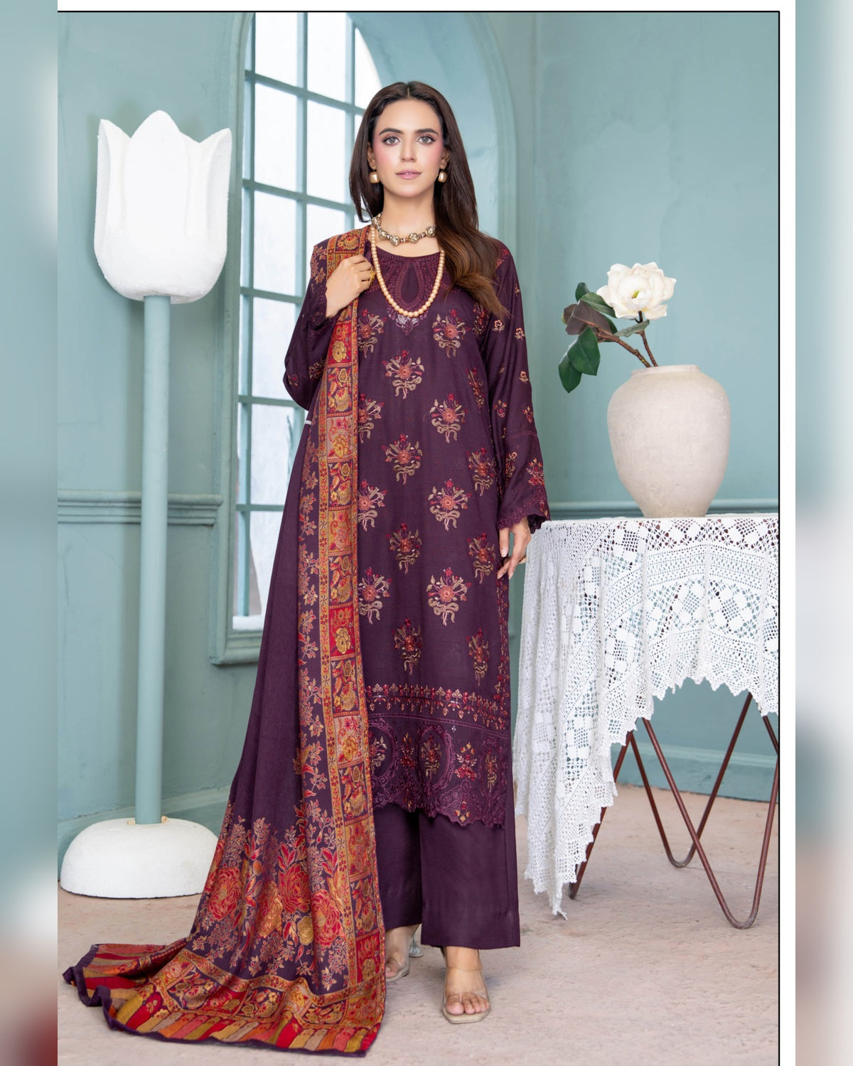 Mahgul Vol. 2 by Riaz Arts – Luxury Embroidered Tensil Peach Leather 3 Piece Winter Suit with Kani Wool Shawl