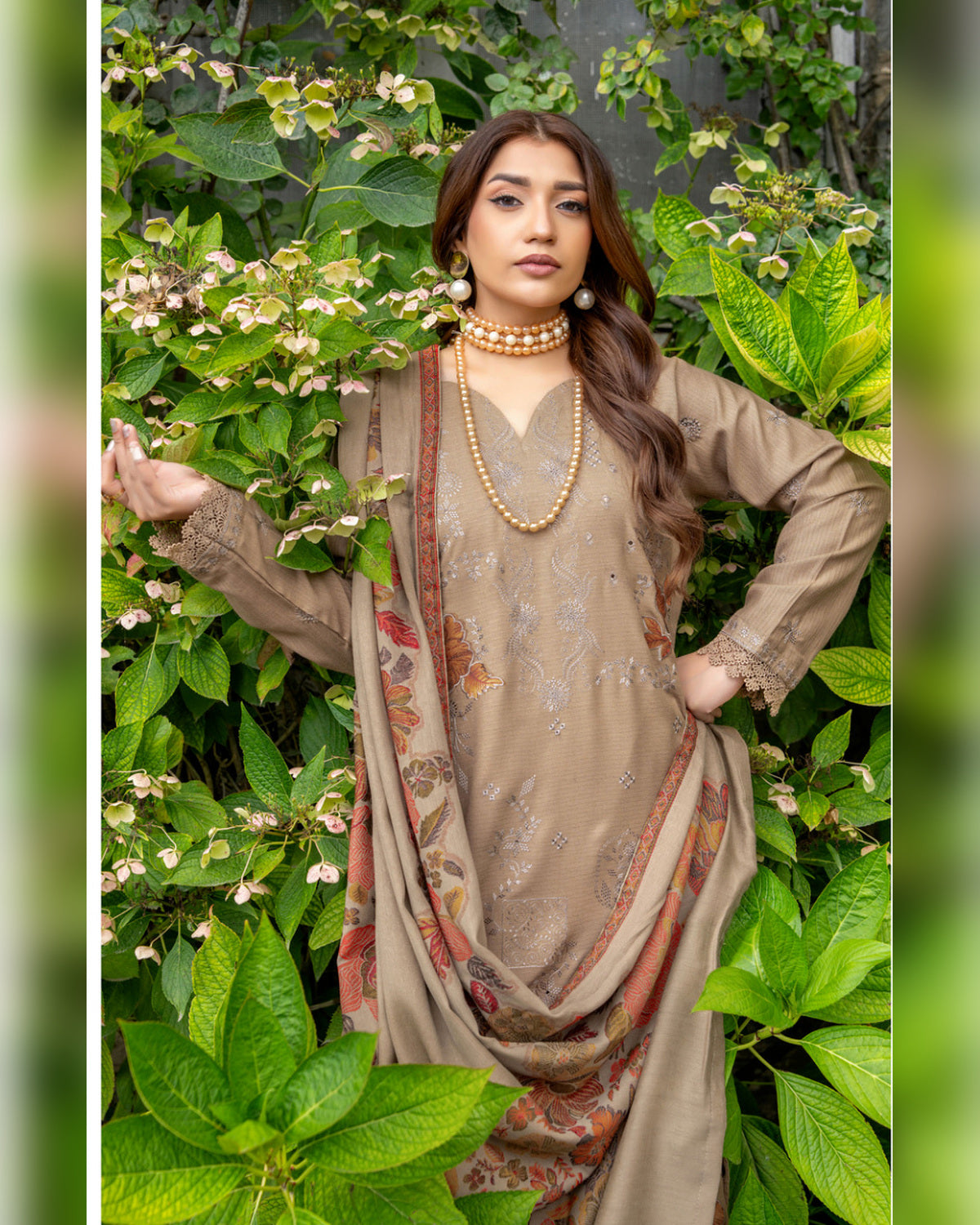 Riaz Arts Qisa Luxury Winter Embroidered Peach Leather Suit with Kani Wool Shawl