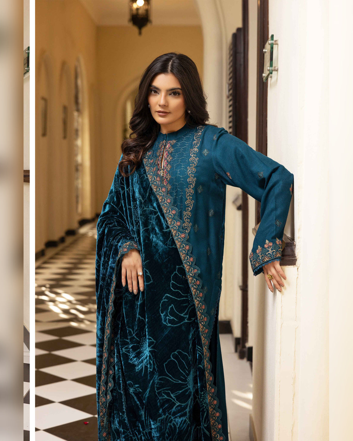 Shaista Gold Full Embroidered Peach 3 Piece Suit with Palachi Dupatta