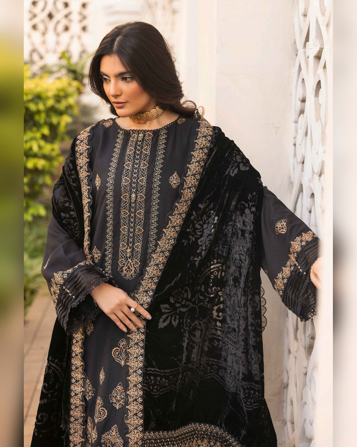 Shaista Gold Full Embroidered Peach 3 Piece Suit with Palachi Dupatta