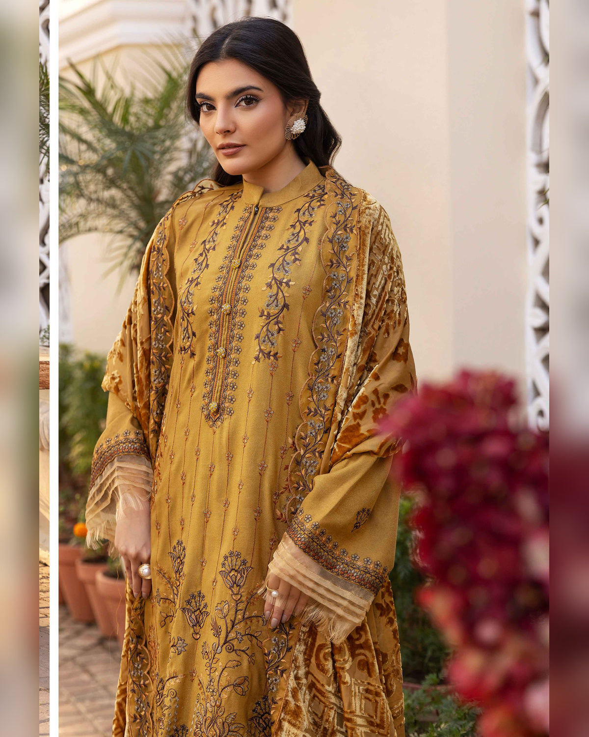 Shaista Gold Full Embroidered Peach 3 Piece Suit with Palachi Dupatta