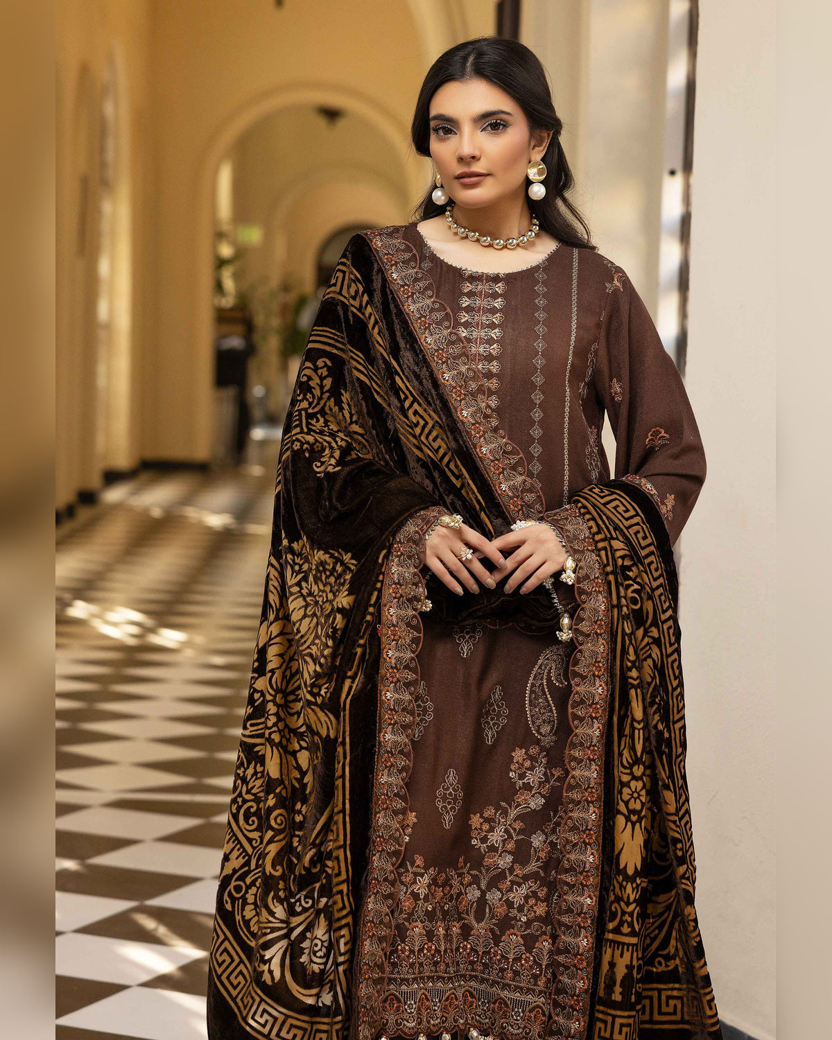 Shaista Gold Full Embroidered Peach 3 Piece Suit with Palachi Dupatta