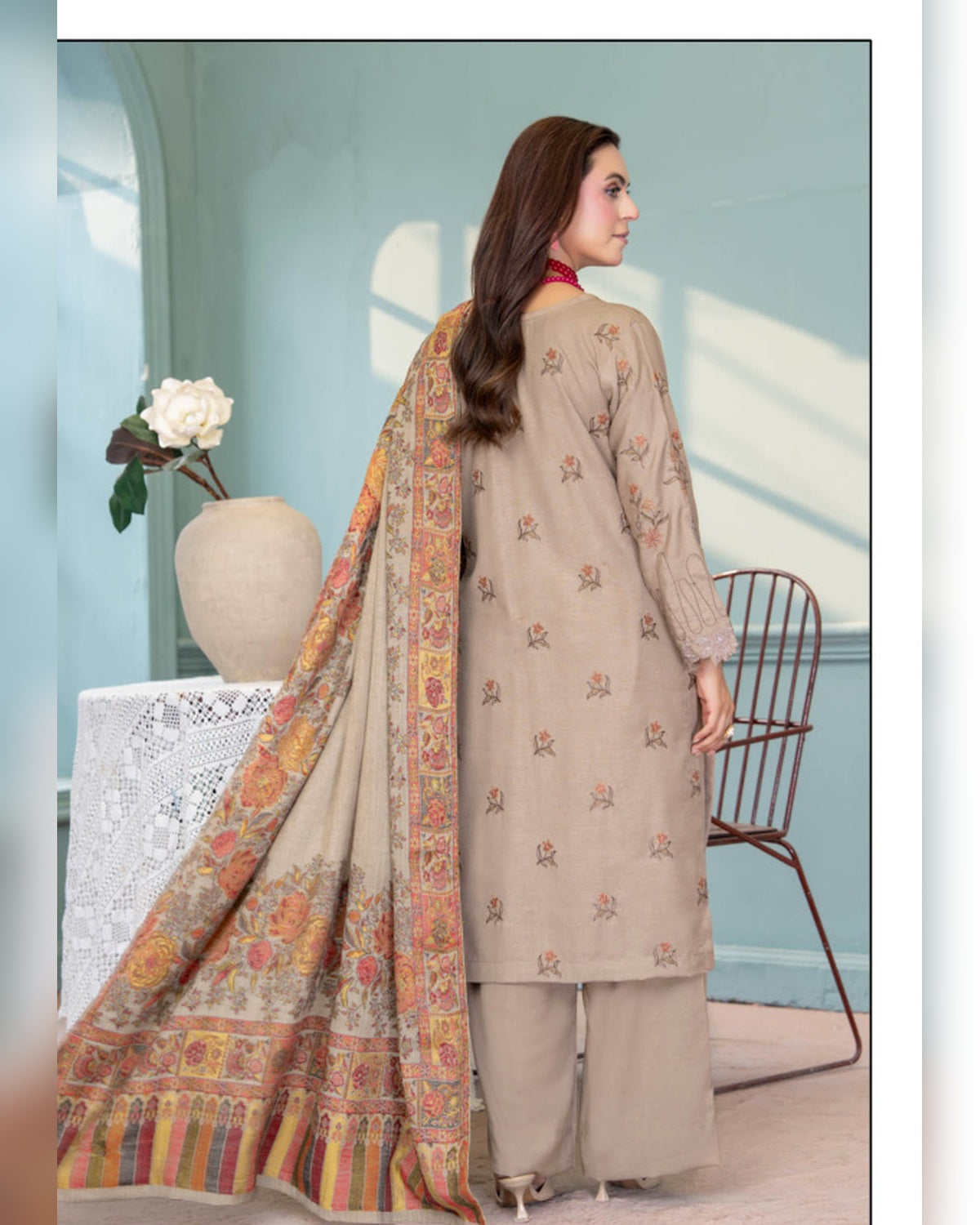 Mahgul Vol. 2 by Riaz Arts – Luxury Embroidered Tensil Peach Leather 3 Piece Winter Suit with Kani Wool Shawl