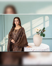 Mahgul Vol. 2 by Riaz Arts – Luxury Embroidered Tensil Peach Leather 3 Piece Winter Suit with Kani Wool Shawl