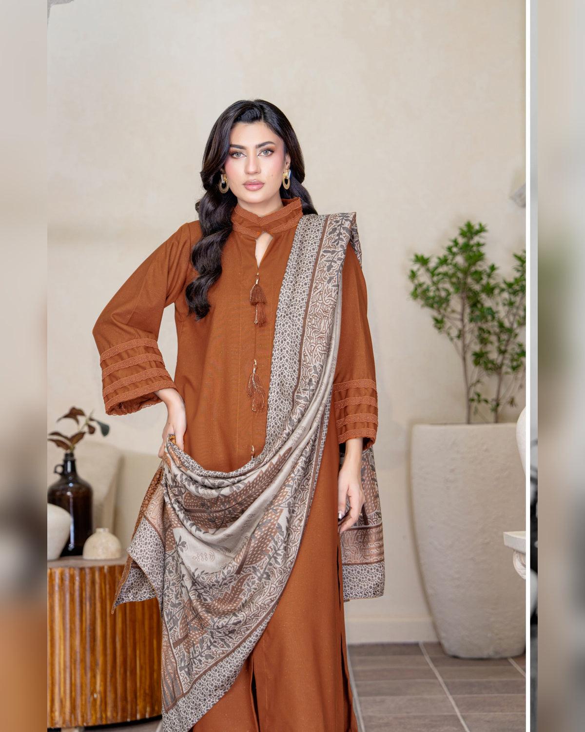 Chinar by Riaz Arts – Luxury Wool Touch Peach 3 Piece Winter Suit with Pashmina Jacquard Shawl