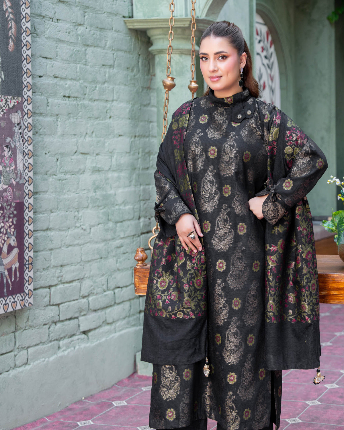 Riaz Arts Kani Micro Velvet Jacquard 3 Piece Suit with Jacquard Shawl