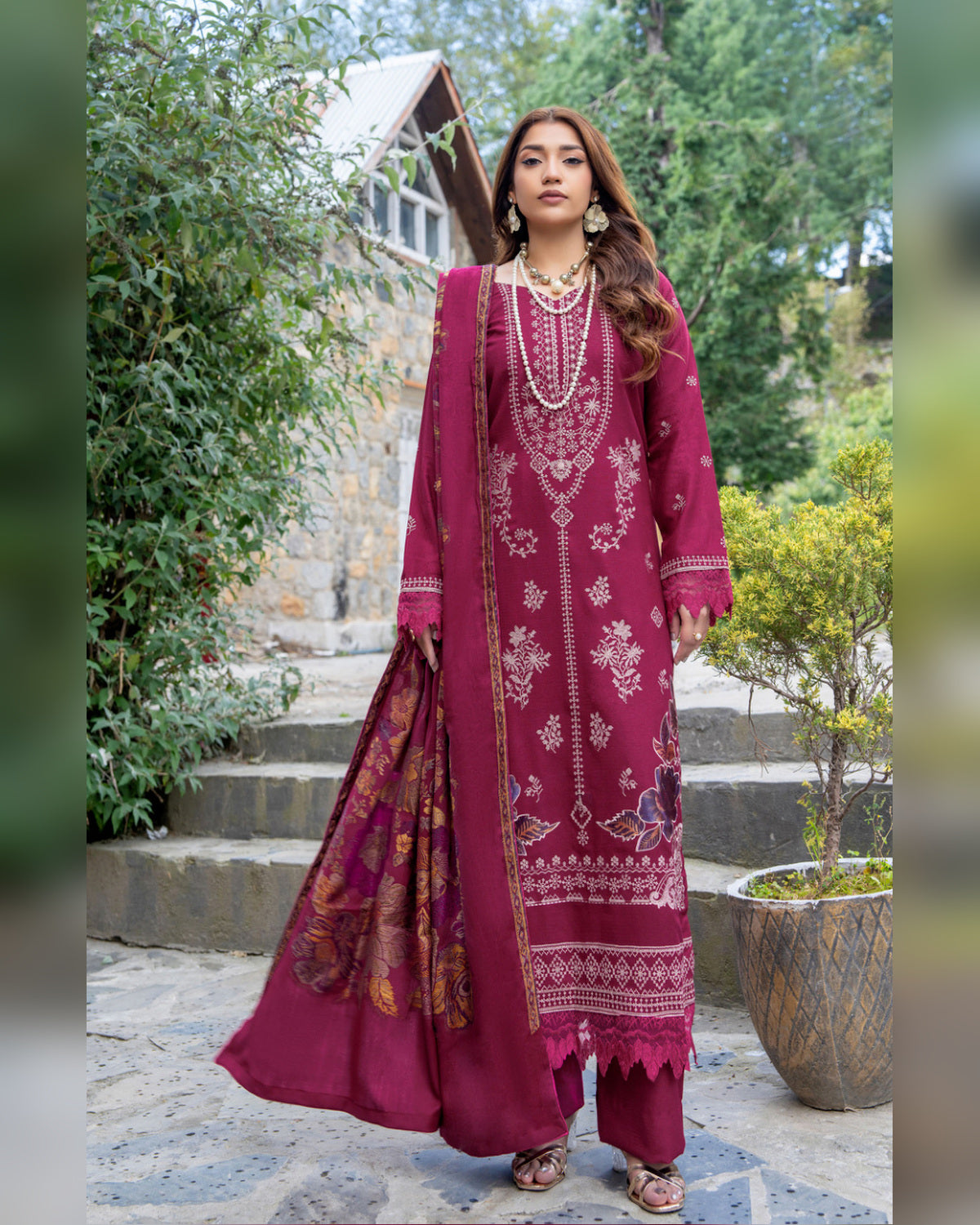 Riaz Arts Qisa Luxury Winter Embroidered Peach Leather Suit with Kani Wool Shawl