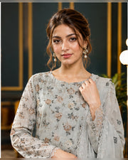 Manizay Dream Slub Bambo Embroidered 3 Piece Suit with Chiffon Dupatta