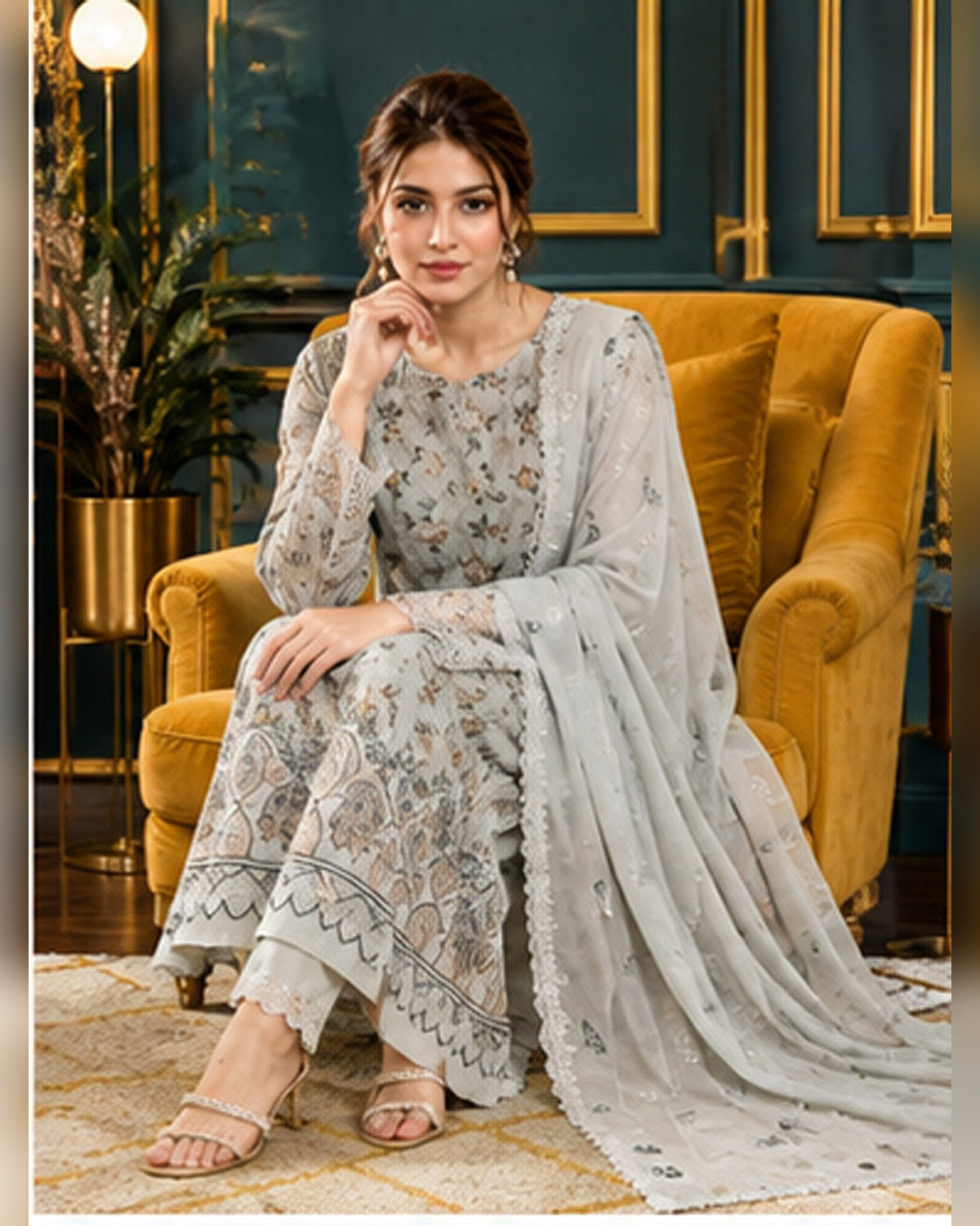 Manizay Dream Slub Bambo Embroidered 3 Piece Suit with Chiffon Dupatta