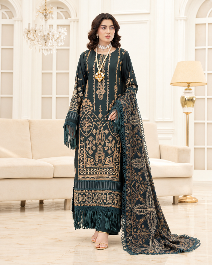Mahveen by Johra Luxury Winter Embroidered Peach Leather Suit with Wool Shawl