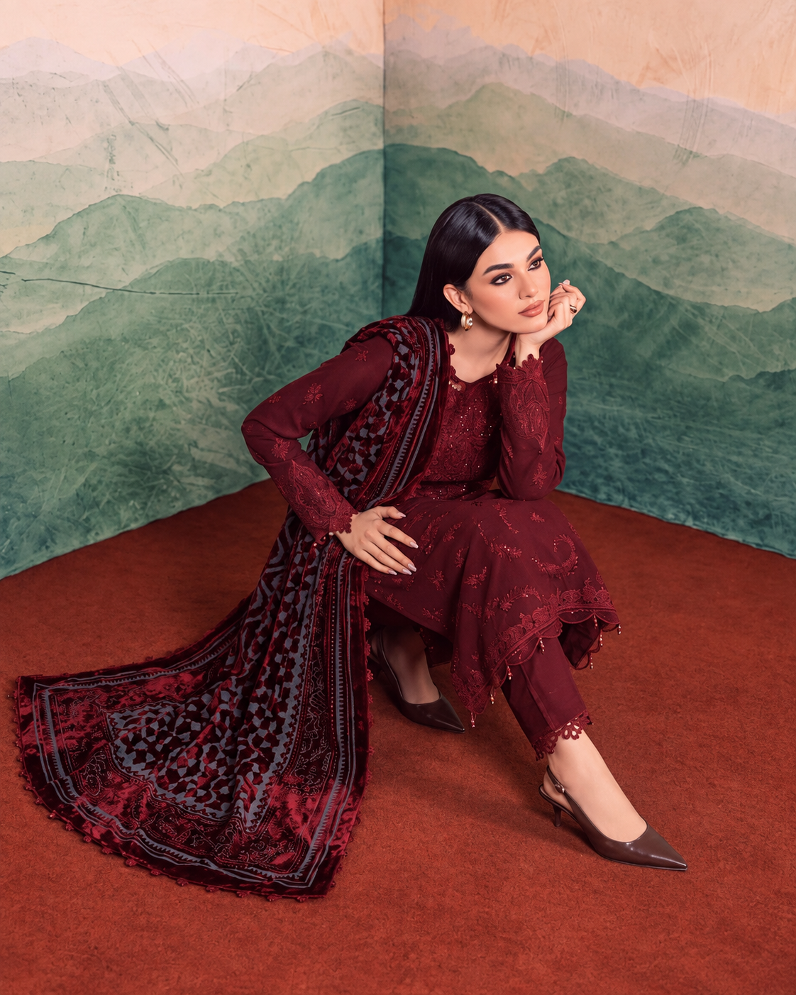 Riaz Arts Exclusive by Daria Embroidered Leather Peach Suit with Velvet Palachi Shawl