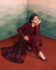 Riaz Arts Exclusive by Daria Embroidered Leather Peach Suit with Velvet Palachi Shawl